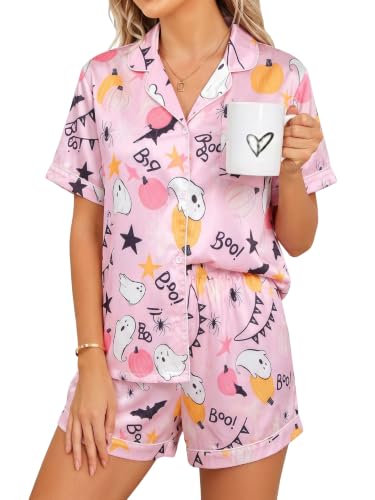 Halloween Pajamas 2 Piece Womens Ghost Button Down Short Sleepwear Sets - image 1