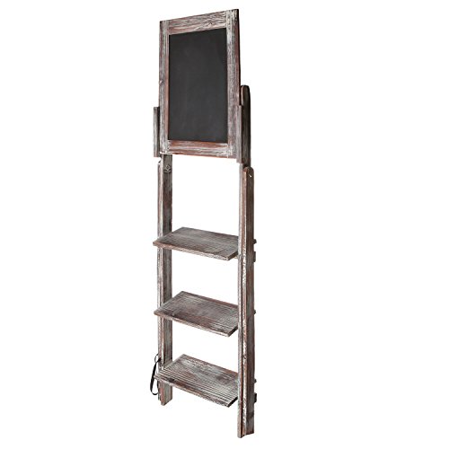 MyGift Decorative Torched Wood Easel Style Chalkboard Stand with 3 Tier Display Shelves