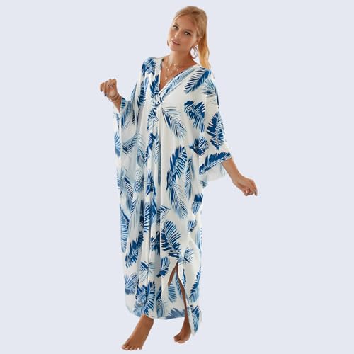 Image of Miss Lavish London Kaftan Dresses for Women Plus Size Long Batwing Sleeve Caftans, V Neck Moo Moo Printed Beach Cover Up Maxi Beach Dress, Bathing Suit Cover-Up Loungewear