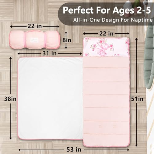 Image of Primlect Toddler Nap Mat, Portable Rolled Sleeping Mat | 51 inchx31 All-in-One Sleeping Bag with Removable Pillow and Soft Blanket, Machine Washable, for Daycare Travel, for Boys Girls