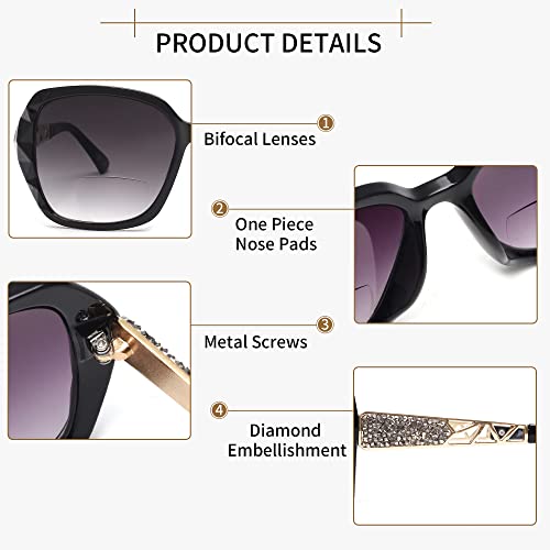 JM Bifocal Reading Sunglasses, Oversized Sun Reader Glasses for Women UV Protection Outdoor Black +3.5 - Image 4