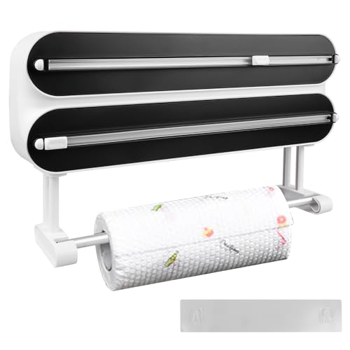 Dispensador de papel de cocina 3 en 1 con soporte para rollos de cocina, dispensador magnético con cortador, dispensador y dispensador para papel de aluminio y film transparente, sin agujeros, soporte Dispensador de papel de cocina 3 en 1 con soporte para rollos de cocina, dispensador magnético con cortador, dispensador y dispensador para papel de aluminio y film transparente, sin agujeros, soporte