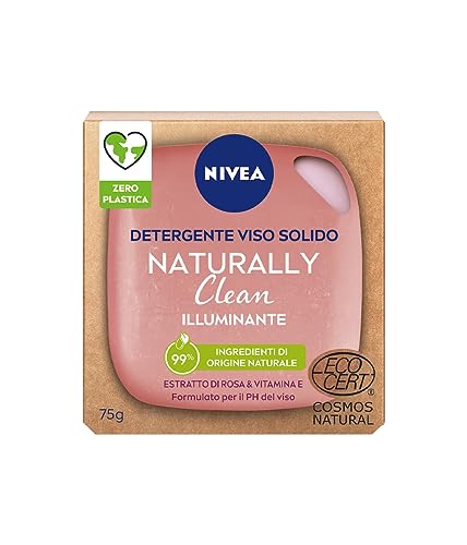 NIVEA NATURALLY CLEAN Sabonete Facial Sólido Iluminador 75 g, sabonete sólido 99% natural com Vitamina E e Extrato de Rosa, sabonete natural com fórmula vegana