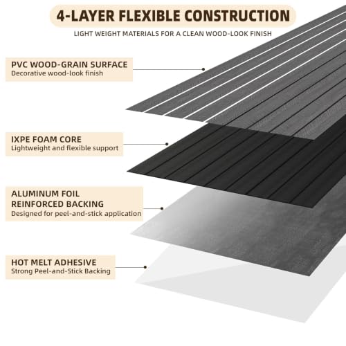 Image of Peel and Stick Wood Slat Wall Panels, Dark Gray, 236 x 15.7 in | 3D Fluted, PVC Paneling for Accent Wall, Ceiling, Living Room, Office, Bedroom