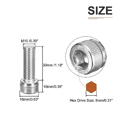 DTGN M10x30mm Socket Head Cap Screws Bolts, 10Pcs 304 Stainless Steel 18-8, Metric Machine Hex Socket Screw, Hex Drive - Image 2