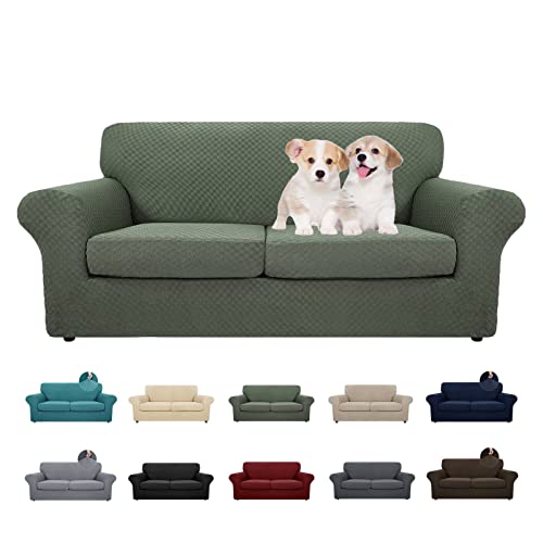 Maxijin 3 Piece Stretch Couch Covers For 2 Cushion Couch Sofa Slipcovers With 2 Extra Large Seat Cushion Couch Newest Jacquard Loveseat Sofa Couch Cover For Dogs (2 Cushion Sofa, Army Green) #TOP25