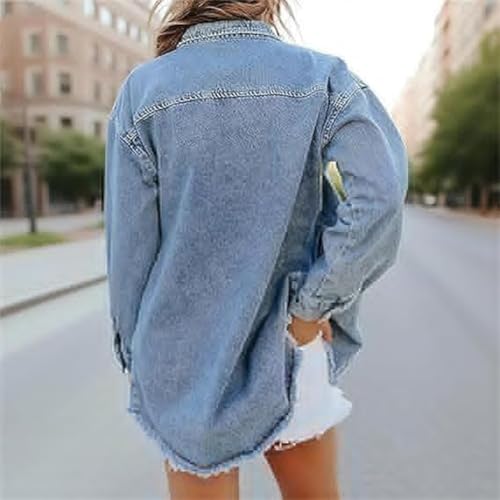 2025 Women's Casual Denim Button Down Distressed Jacket, Oversized Jean Jacket, Retro Casual Long Sleeve Shackets3