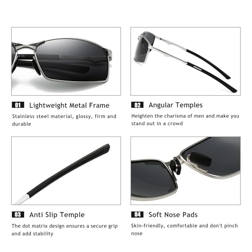 SUNGAIT Ultra Lightweight Polarized Sunglasses Men Rectangular Metal Frame with Spring Hinge (Silver Frame/Gray Lens)3