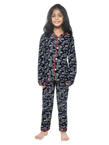Image of Girls Premium Cotton Full Sleeves Printed Nightsuit Set | Collar Style Night Dress for Girls | Soft & Breathable Pajama Set | Trendy Kids Sleepwear & Nightwear