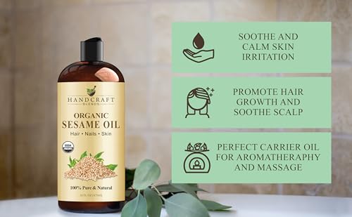 Image of Handcraft Blends Organic Sesame Oil - 16 Fl Oz - 100% Pure and Natural - Premium Grade Carrier Oil for Skin and Hair - Hair and Body - Massage - Expeller-Pressed and Hexane-Free