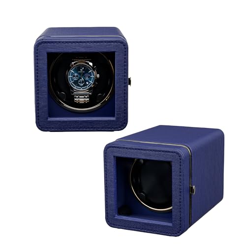 Mcbazel Automatischer Uhrenbeweger mit LED-Beleuchtung – Elegante Uhrenbox aus PU-Leder für Uhr, Leiser Motor, 4 Rotationsmodi, Rechteckige Uhrenaufbewahrung – Blau