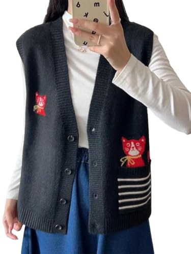 Image of CORIRESHA Girl Cute Cat Rabbit Embroidered Sweater Vest Button Sleeveless Knit Cardigan