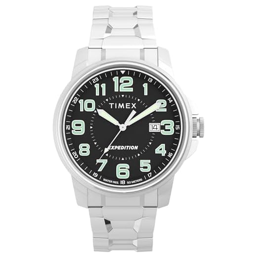 Timex Relógio masculino Expedition Field de 40 mm - pulseira de expansão de aço inoxidável, mostrador preto, caixa de aço inoxidável, Aço inoxidável