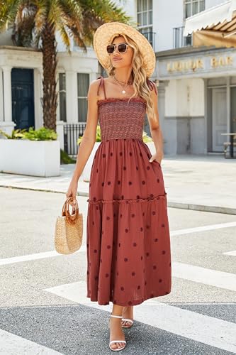 Women Floral Embroidered Maxi Dress Sleeveless Tie Shoulder Smocked Flowy Dress Boho Summer Sundresses with Pockets2