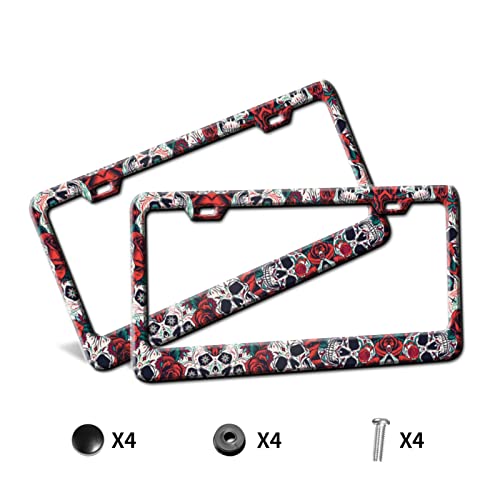 2 Pack Sugar Skull License Plate Frames For Women Roses License Plates Covers Aluminum Stainless Metal License Plate Holder Auto Car Accessories Tag Decorations With 2 Holes Screws Standard Size #TOP1