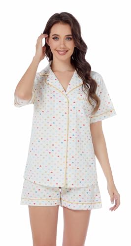Image of LUBOT 100% Cotton Pajamas for Women 2 Piece PJ Set Poplin Woven Lightweight Ladies Button Short Sleeve Sleepwear S-XXL
