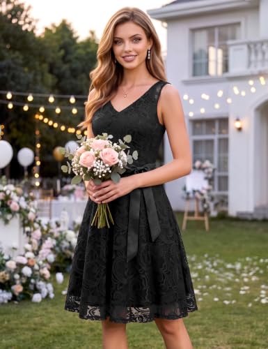 Image of Dressystar Women's Floral Lace V Neck Short Bridesmaid Cocktail Party Dress