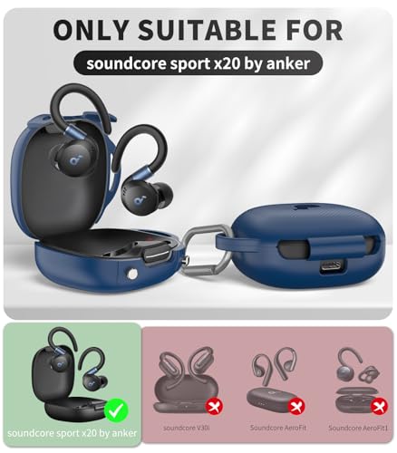 Image of for[Newest Secure Lock] Soundcore Sport X20 Case Cover, Soft Silicone Protective Scratch Resistant Logo Visible Design Cover for Soundcore Sport X20 by Anker Charging Case with Carabiner-Blue