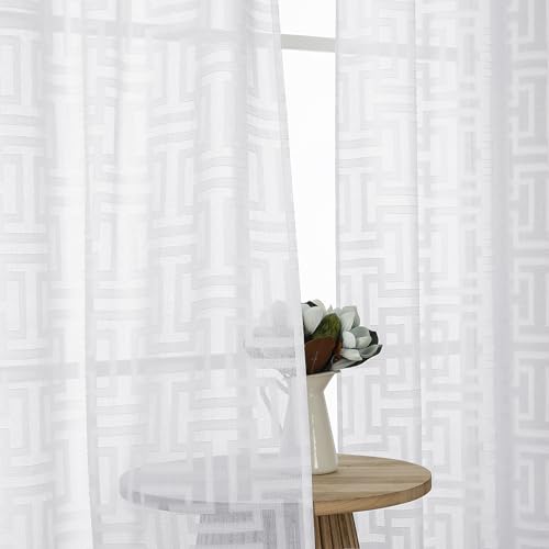 OWENIE Sheer White Curtains 84 Inches Long 2 Panels Set for Bedroom, Light Filtering Geometric Jacquard Clip Textured Window Curtain, Modern Farmhouse Curtains for Living Room, Total Wide 84