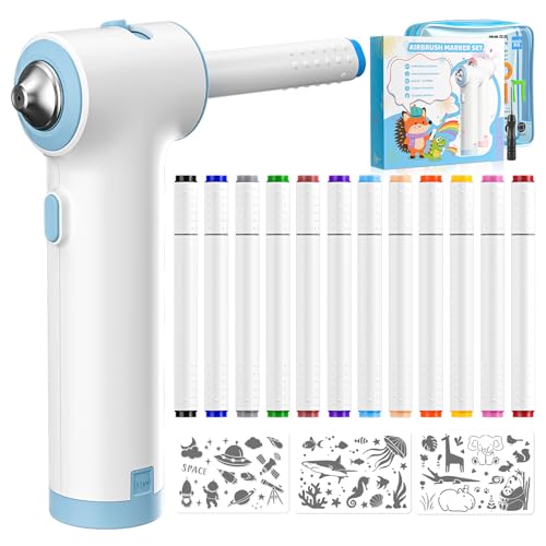 YAOBLUESEA Airbrush Textilmarker Set, mit 12 Doppelspitzen-Marker, 3 Schablonen, 1 Marker Airbrush, Abwaschbare Textilstifte, für Kinder Malen & Graffiti, Kunstmalerei & DIY-Handwerk, Blau