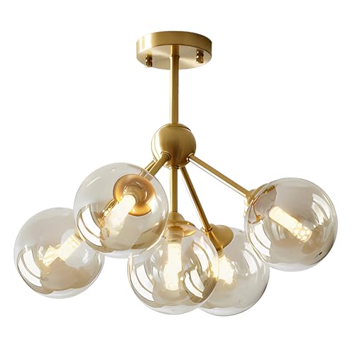 Image of KCO Lighting 5-Light Amber Glass Globe Chandelier Brush Gold Semi Flush Mount Ceiling Light Mid-Century Modern Close to Ceiling Light for Living Room Bedroom Foyer (5-Light)