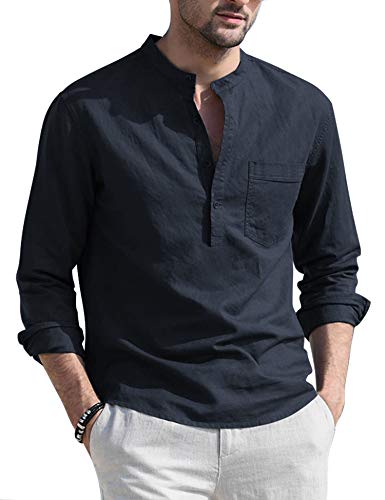 COOFANDY Mens Cotton Linen Henley Shirt Casual Beach Long Sleeve Solid Top Shirt