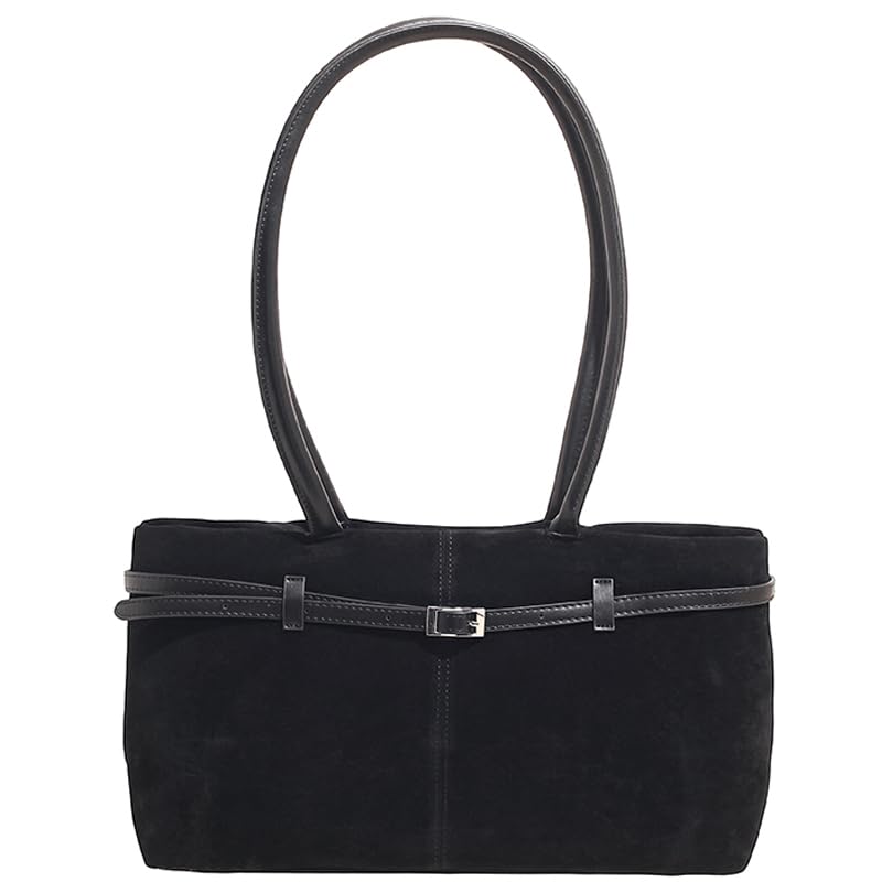 Suede Large Capacity Shoulder Bag w/Buckle Belt Detailing for Daily Use(Black)
