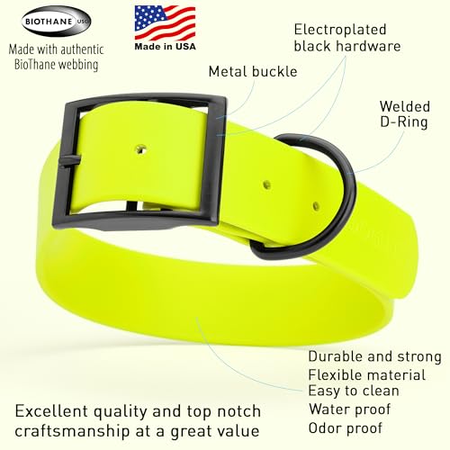 Image of Dogline Biothane Waterproof Dog Collar Strong Coated Nylon Webbing with Black Hardware Odor- Proof for Easy Care Easy to Clean High Performance Fits Small Medium or Large Dogs, Safety Yellow