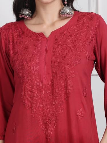 Image of Women's Luxe Lucknowi Chikankari Hand Embroidered Rayon Dyed Kurti Palazzo Dupatta Set - Designer Ethnic Wear for Wedding, Festive & Party Occasions