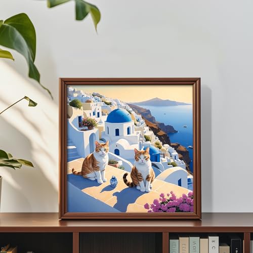 Image of AiYuanzsh 5D Diamond Art Kits for Adults Beginners, Santorini Greece Cat Diamond Painting Kits for Adults, DIY Full Round Drill Paint by Diamonds Dot Gem Art Paintings for Home Wall Decor 13.8 inchx13.8 inch