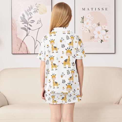 Cartoon Cute Little Giraffe Prints Summer Satin Pajama Set, Cute Button-Down Sleepwear Pj Set for Sleep Wears4