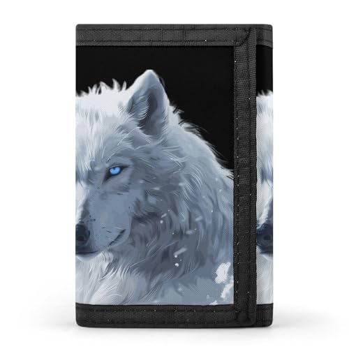 White Snow Wolf with Blue Eyes Trifold Wallet for Men Women Wallets with 8 Card Slot Photo Window Key Ring Zippered Pockets