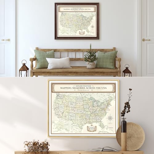 Image of DECORARTS - Personalized Push Pin Travel Map USA, Custom Name, Pin Board Canvas Wall Art, Colorful Classic United States Decor, Optional Wood Frame, Giclee Print, Handcrafted in USA, 20x16''