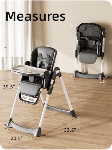 Image of Babilous High Chair, Foldable High Chairs for Babies and Toddlers with Removable Tray, Height Adjustable Feeding Chair, Adjustable Backrest and Footrest, Black