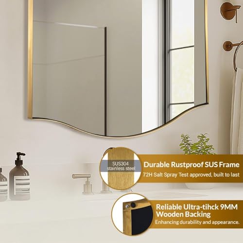 Image of ANDY STAR Gold Bathroom Mirror, 20 inchx30 inch Scalloped Wall Mirror in Stainless Steel Metal Frame, Unique Vanity Mirror with Modern Curved Edge Design, Ideal for Bathroom, Bedroom, Entryway