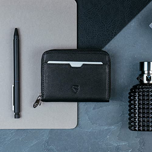 Image of Vaultskin MAYFAIR Minimalist Leather Zipper Wallet. Small RFID-Blocking Multi-Card Holder with Coin Compartment, Black, Small Zipper Wallet With Rfid Blocking