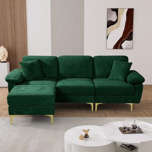 Image of OUYESSIR L Shaped Sectional Sofa Couch, 3 Seat Velvet Sofa with Ottoman and Pillows, Upholstered Comfy Couch Sleeper for Living Room, Bedroom, 91 inches (Green)