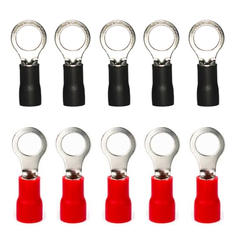 Teansic AWG16-14 200pcs PVC Insulated Ring Crimp Terminals 1/4" Stud Size Ring Wire Crimp Connectors (100 Red + 100 Black, M6)