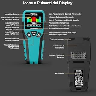 KIPRIM Stud Finder, 5 in 1 Rilevatore di Metalli e Travi, Profondità Metalli 45mm/AC Cavi 70mm, Rileva Legno (13/25/38mm), Schermo LCD, IP54 WS01
