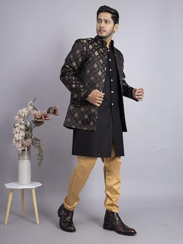 Image of XEPON Men's Jacquard Ethnic Wear Kurta Pajama With Stylish Long Jacket Set