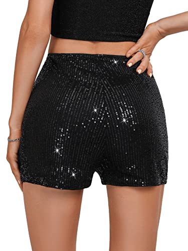 SweatyRocks Women's Sequins High Elastic Waist Straight Leg Shorts Solid Glitter Party Shorts3