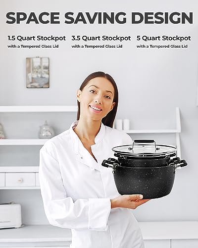 Granitestone Black Pots and Pans Set Nonstick, 6 Stackable Piece Cooking Pots Set, Kitchen Pots, Non Stick Coating, 5qt 3qt & 1.5qt Pots with Lids, Stay Cool Handles Dishwasher Safe 100% Toxin Free
