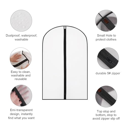 40" Garment Bags 6 Packs Suit Bags for Closet Storage, Plastic Waterproof Suit Cover Bags with Zipper Clear Garment Bags for Coats, Jackets, Shirts, Dress3