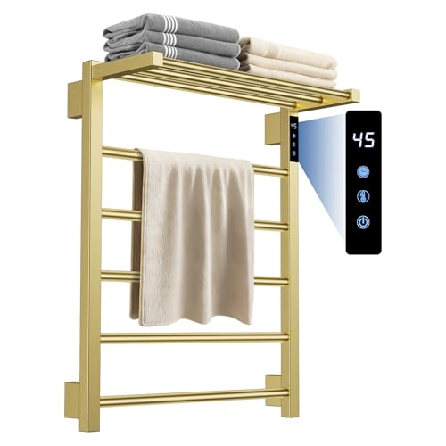 YACVCL Electric Heated Towel Rail for Bathroom, Electric Hot Towel Warmer 5 Bars with 24hr Timer Brushed Gold Stainless Steel Wall Mounted Towel Radiator H620mm W500mm