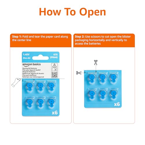 Image of Amazon Basics 60-Pack Size 675 Zinc-Air Hearing Aid Batteries, 1.45 Volt, Blue Tab, 4-Year Shelf Life, Mercury Free, Child-Safe Package (Use Scissors to Open)
