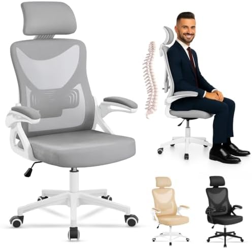EveryKip® Silla Escritorio Ergonomica Ajustable con Reposabrazos Beige| Ruedas Anti-Arañazos | Sillas Oficina Ejecutiva con Reposacabezas | Cadeira Ergonómica Office Chair (Gris)