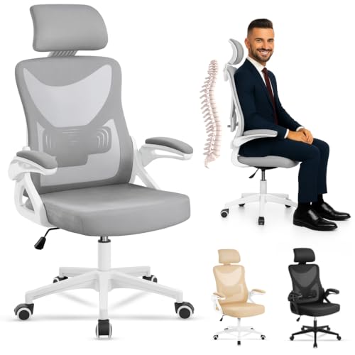EveryKip Ergonomic Adjustable Desk Chair with Grey Armrests | Anti-scratch Wheels | Executive Office Chairs with Headrests | Cadeira Ergonomic Office Chair (Grey)