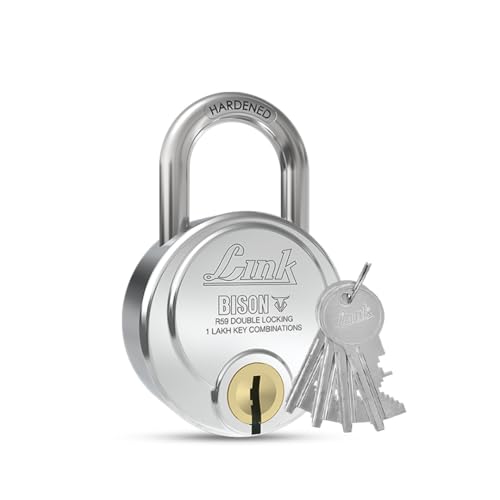 Image of Link Bison 59mm Heavy Duty Padlock | Lock for Home Door, Office, Shop, Travel | Hardened Steel Shackle, | Double Locking System | High Precision 4 Keys | 1 Lakh Key Combinations | 10 Years Warranty