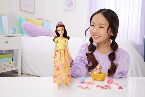 Mattel Disney Princess Belle Fashion Doll & Dog Figure with Color Change Spots, Bathtub, Brush & Hair Accessories, Inspired by Beauty & The Beast - image 2