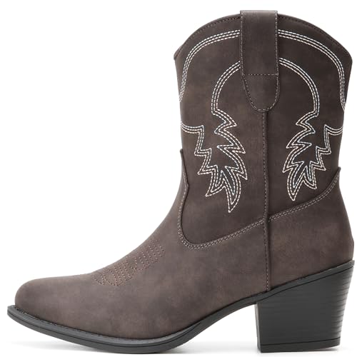 Image of IXU Cowboy Boots for Women Ankle Cowgirl Booties Wide Mid Calf Pointed Toe Western Boots Short Chunky Classic Booties